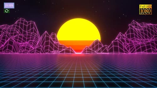 Retro 80s Wireframe Horizon with Neon Sun and Grid