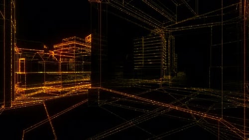 Volando dentro naranja Digital Wireframe City Seamless Loop