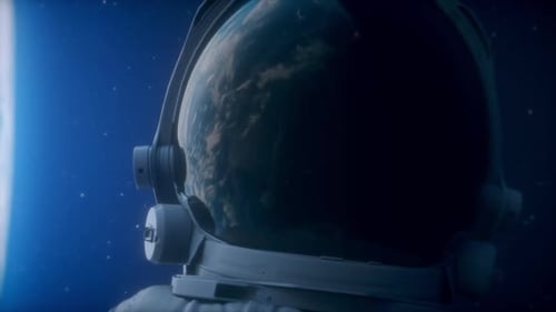Astronaut Reflecting Earth in Helmet in Deep Space