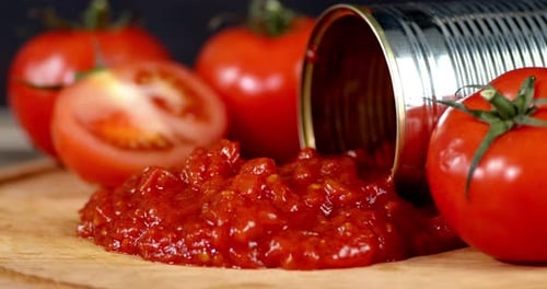 Canned Tomato Pouring Fresh Sauce, Close Up Footage