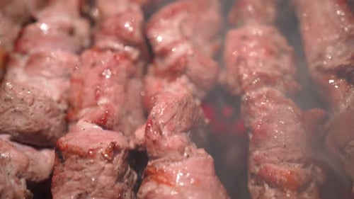 Close Up of Meat Cooking on Skewers