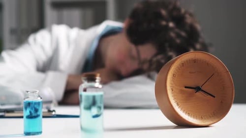 Doctor Resting Head on Desk in Hospital