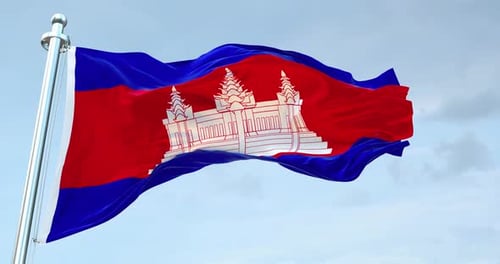 Cambodia National Flag Waving in the Wind with Blue Sky