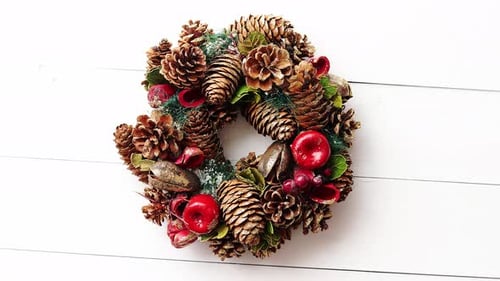Holiday Wreath with Pine Cones and Red Apples