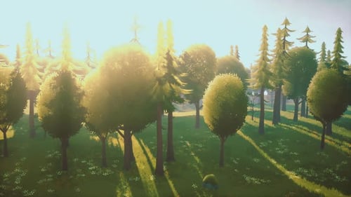 Cartoon Green Forest Landscape with Trees and Flowers