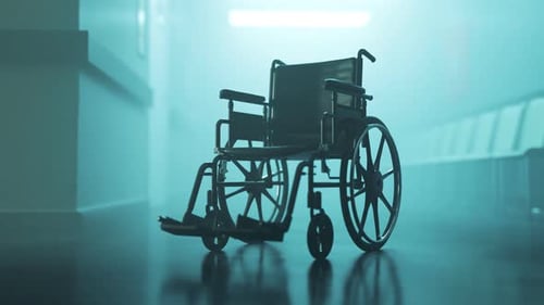 Abandoned wheelchair in empty, foggy hospital waiting corridor. Disability in 4K