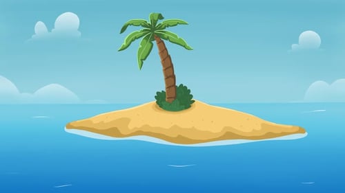 Animação de ilha solitária com palmeira e arbusto.