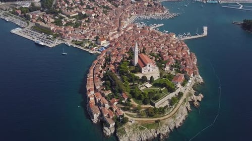 Peninsula With Rovinj Town And Church Of St. Euphemia. Aerial Panorama