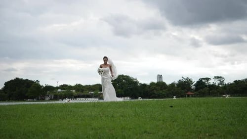 Slow motion Of Wedding Bride Happy Fun walking and running in the park