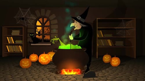Die hässliche, schwarz gekleidete Hexe mit dem schwarzen Hut bereitet einen Trank in einem Kessel zu.