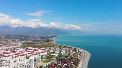 Aerial View of Adler, Sochi Beach, Town and Mountains