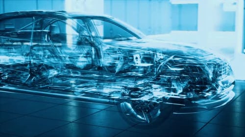 Transparent Car with Engine in Laboratory
