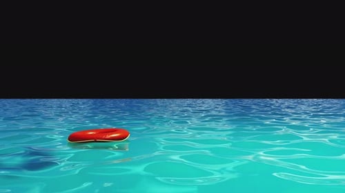 Lifebuoy floating on the sea near the beach. Template on a transparent background for keying.