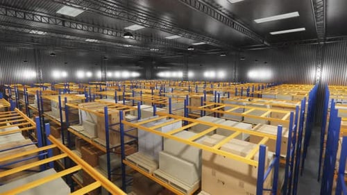Entrepôt avec boîtes en carton à l'intérieur sur des rayonnages à palettes, centre logistique