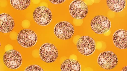 Animated Floating Pizzas on Orange Bokeh Background