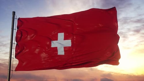 Realistic Switzerland Flag Waving Against Golden Sunset Sky