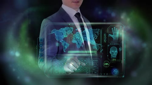 El hombre trabaja con la interfaz de seguimiento virtual HD