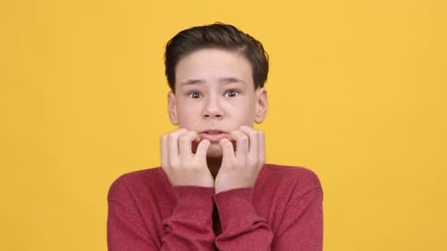 Scared Teen Boy Shaking From Fear Posing Over Yellow Background