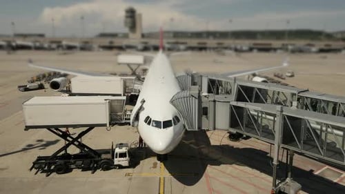 Flugzeug steht am modernen internationalen Flughafenterminal und ist flugbereit