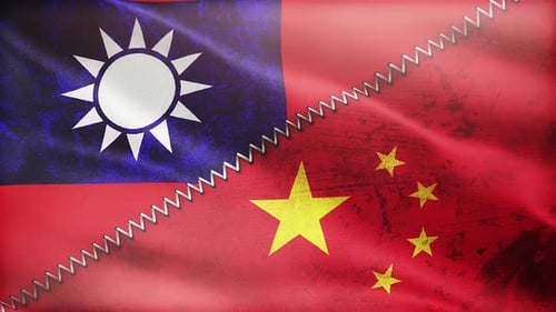 Taiwan and China Flags Stitched, Waving, Grunge Style