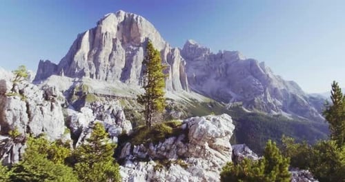 Aerial Flight Above Mountain Top with Pines and Rocks in Sunny Day
