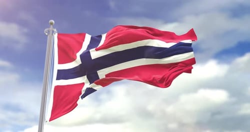 Realistic Norway Flag Waving in Wind Against a Blue Sky