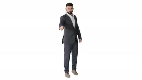 Man in Suit Gesturing on White Background