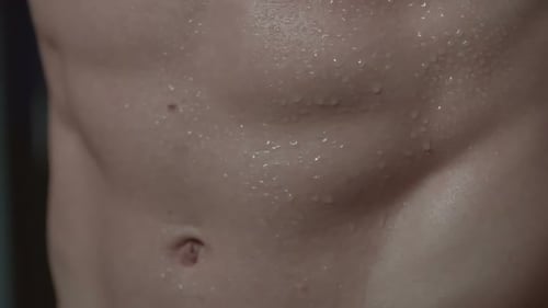 Sweaty torso close up, man's abs glistening