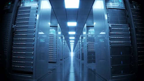 Countless modern server cabinets in a render farm. Dark, futuristic room. 4KHD
