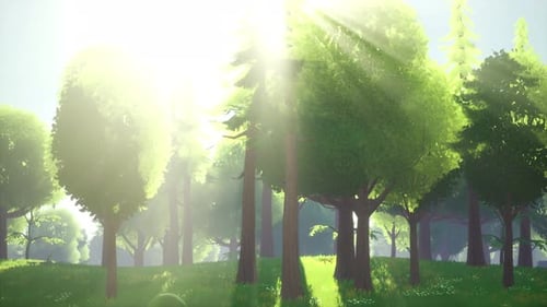 Cartoon Green Forest Landscape with Trees and Flowers