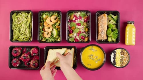 Food Delivery Top View Take Away Meals in Disposable Containers