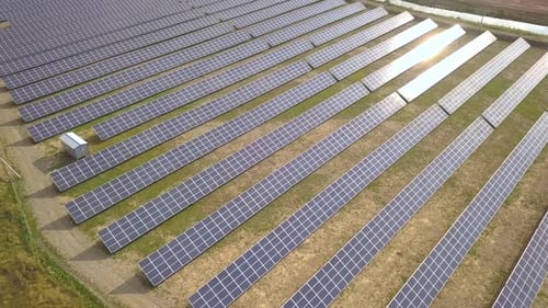 Aerial view of solar power plant. Electric panels for producing clean ecologic energy.