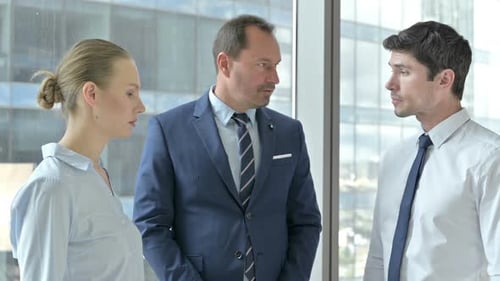 Middle Aged Manager Explaining Things to Its Assistants in Boardroom