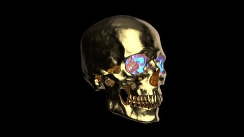 Golden Human Skull with Blue Eyes Looped Animation