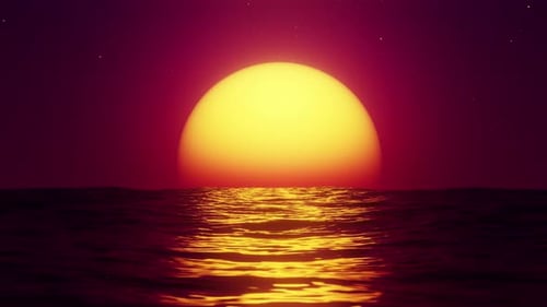 Big red hot sun in the reflection of the sea over the horizon