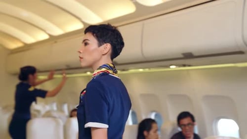 Flight Attendant Adjusting Overhead Bins on Airplane