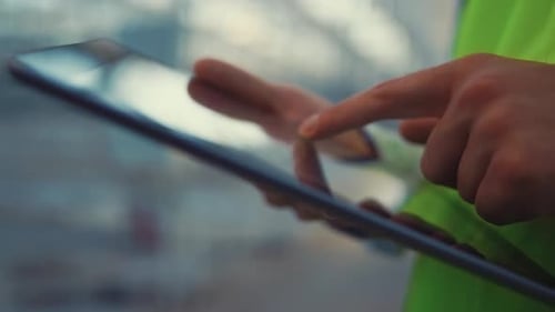 Engineer Holding Tablet Touching Screen Check Product Information Hands Closeup
