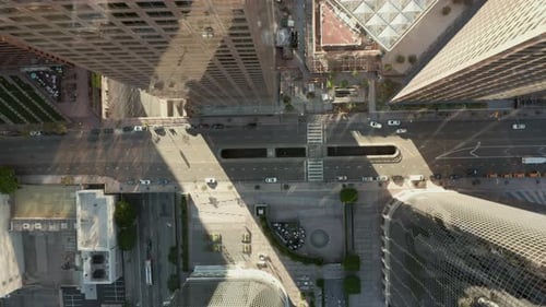 AERIAL: Slow Uplifting Birds Eye View Flight Over Downtown Los Angeles California Grand Avenue in