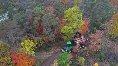 Aerial View of Logging Tractor in Autumn Forest
