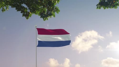 Waving Netherlands Flag Over Modern City Skyline