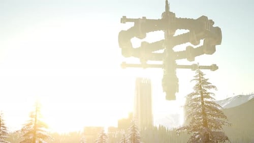 Un vaisseau spatial extraterrestre plane au-dessus de la ville
