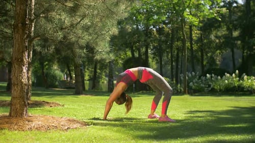 Mujer deportiva en forma haciendo ejercicio de flexión hacia atrás al aire libre