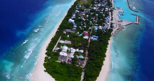 Wide angle above abstract shot of a sunshine white sandy paradise beach and blue ocean background in