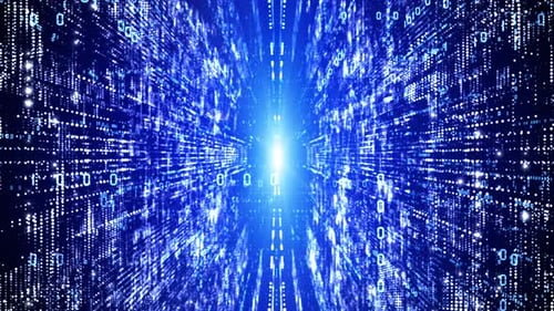 Futuristic Digital Data Tunnel: Flowing Binary Code Animation