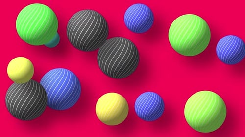 Abstract colorful background with flying or floating simple geometric forms. 3d sphere animation.