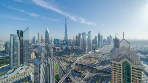 Time lapse of Dubai Downtown skyline, highway roads or street in United Arab Emirates or UAE