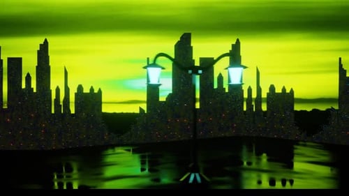 City With Neon Green Sky Background Loop Background 06