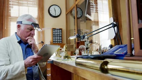 Craftsman Uses Tablet While Repairing Golden Clock