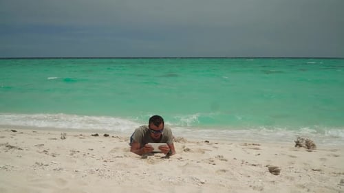 Man Tablet Tropical Beach