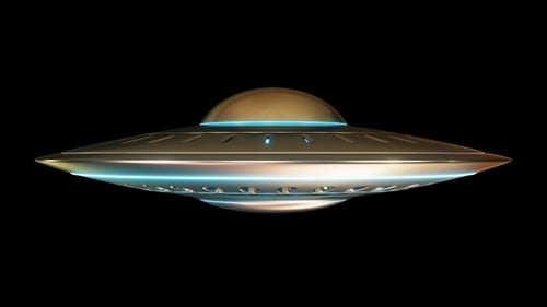 Futuristic UFO Flying Saucer Hovering on Black Background